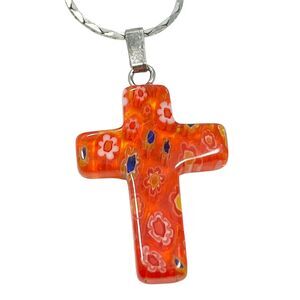 Vintage Murano Millefiori Art Glass Cross Pendant Necklace Orange Flowers 18"